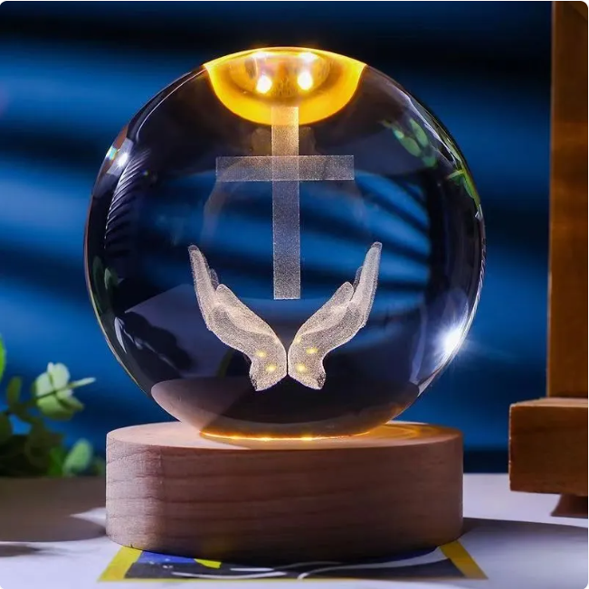 Crystal Ball Night Light – 3D Engraved Glow Sphere with Wooden Base