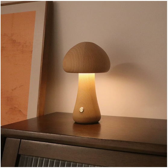 Mushroom Table Lamp – Minimalist Wooden Ambient Night Light for Bedroom & Desk