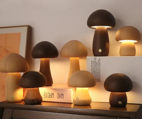 Mushroom Table Lamp – Minimalist Wooden Ambient Night Light for Bedroom & Desk