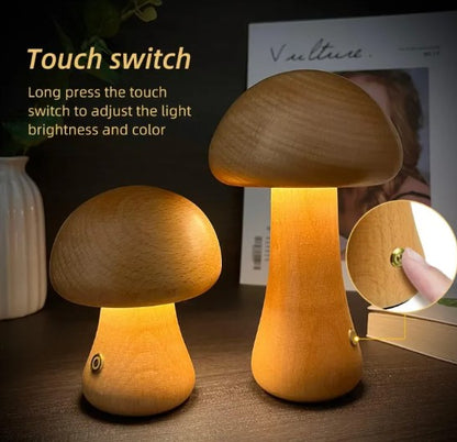 Mushroom Table Lamp – Minimalist Wooden Ambient Night Light for Bedroom & Desk